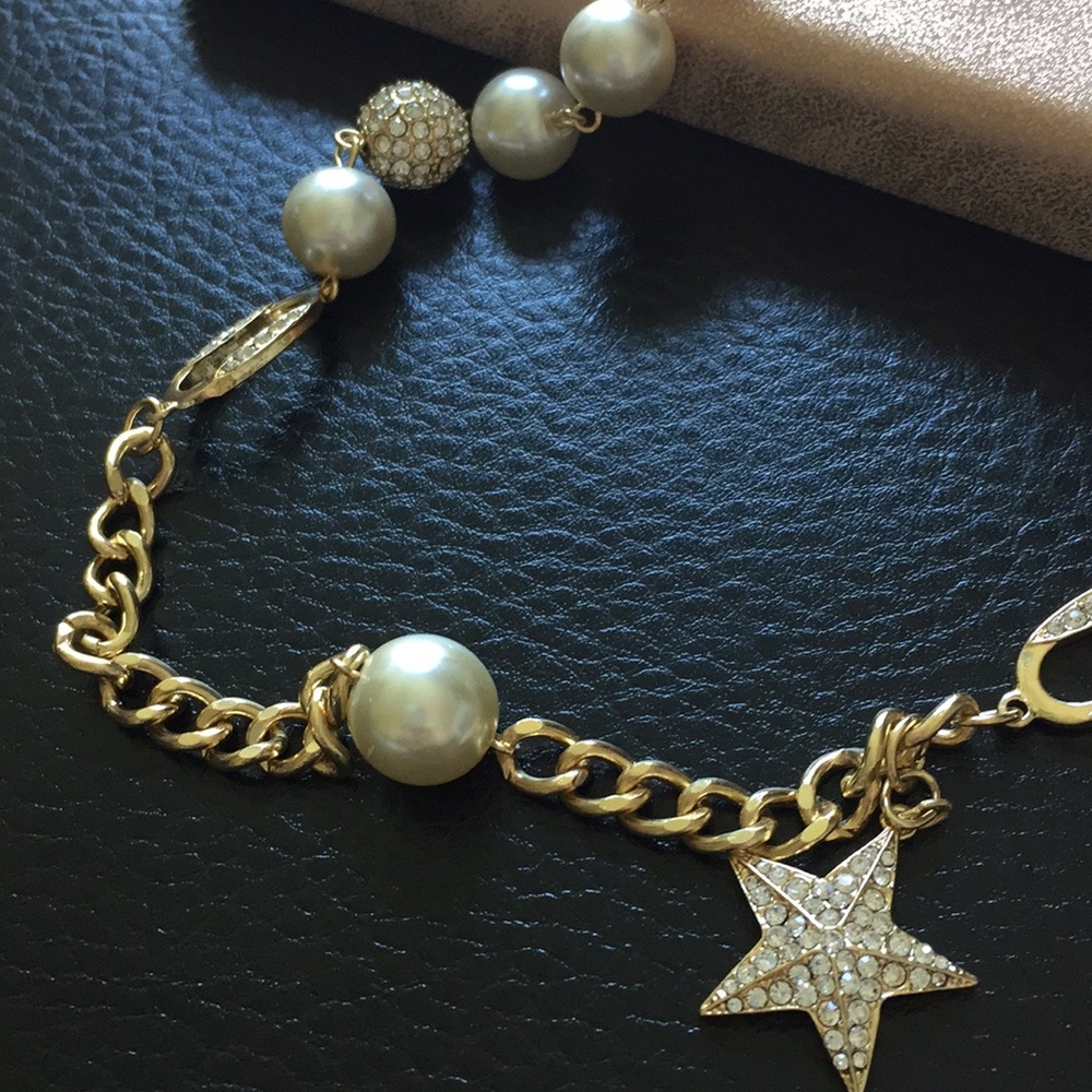 Long pave pearl star goldtone necklace on ribbon - Picture 3 of 5